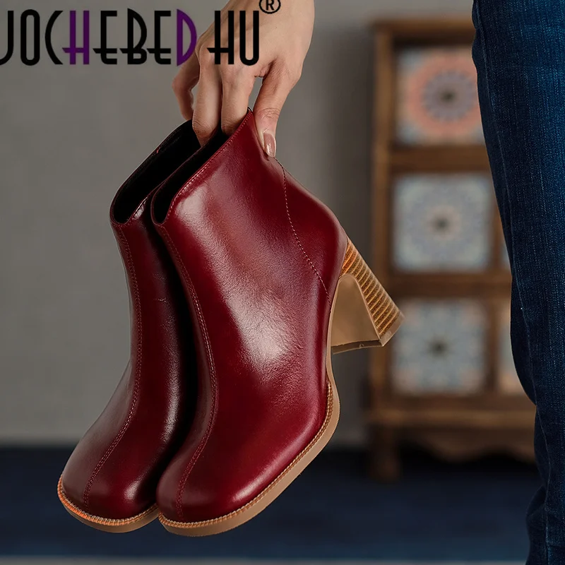 

【JOCHEBED HU】Genuine Leather Autumn Winter Ankle Boots Women Platform Thick High Heels Fashion Square Toe Ladies Zipper Dress