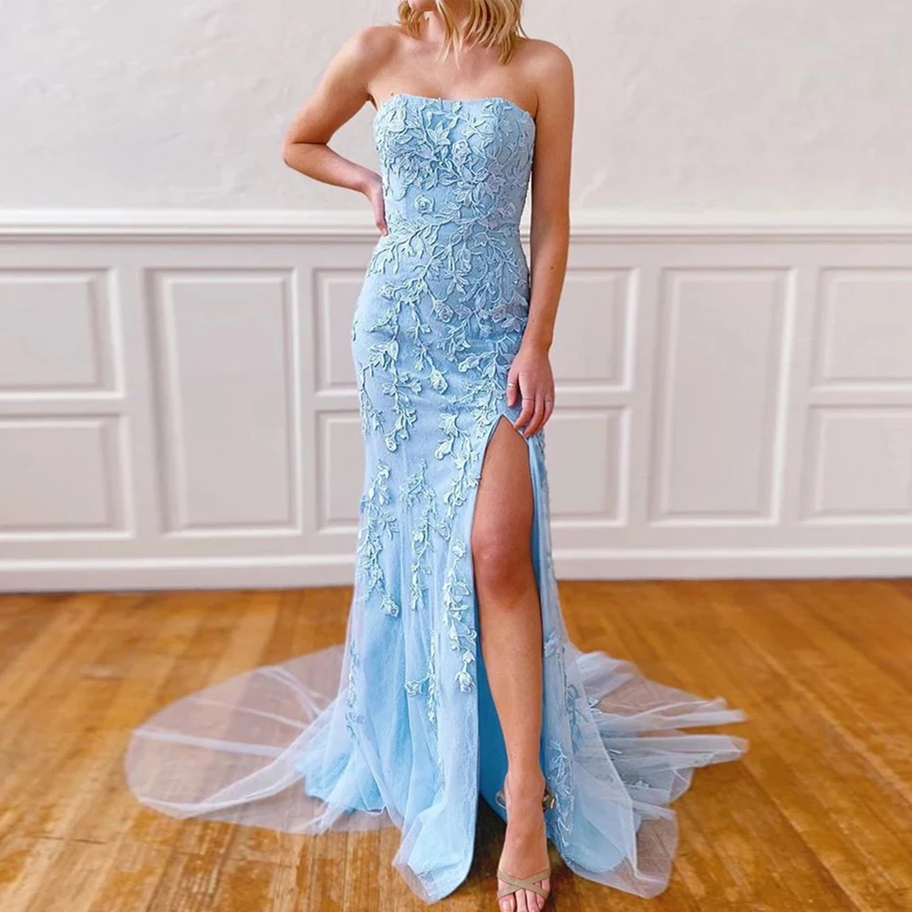 

Strapless Mermaid Evening Dresses Long Luxury 2021 New Sky Blue Sweetheart Elegant Lace Sexy Prom Gown robe de soirée de mariage