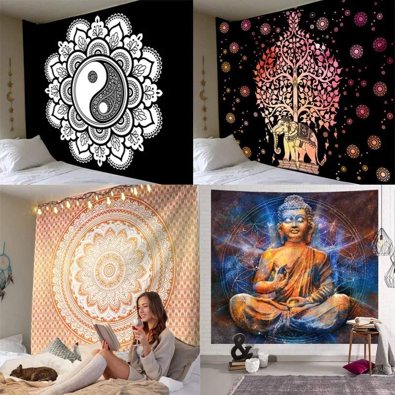

White Black Sun Moon Mandala Tapestry Wall Hanging Celestial Wall Tapestry Hippie Wall Carpets Dorm Decor Psychedelic Tapestry