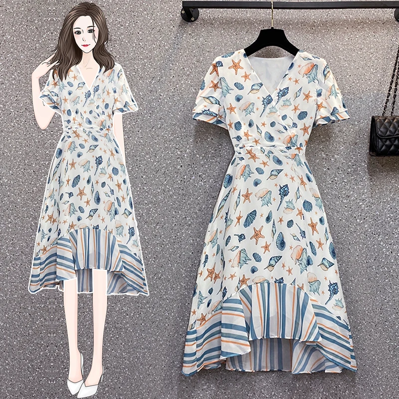 

4XL Plus Size Women Elegant Print Patchwork Striped Ruffle Mermaid Dress Summer 2021 V-Neck Flare Sleeve Chiffon Dresses
