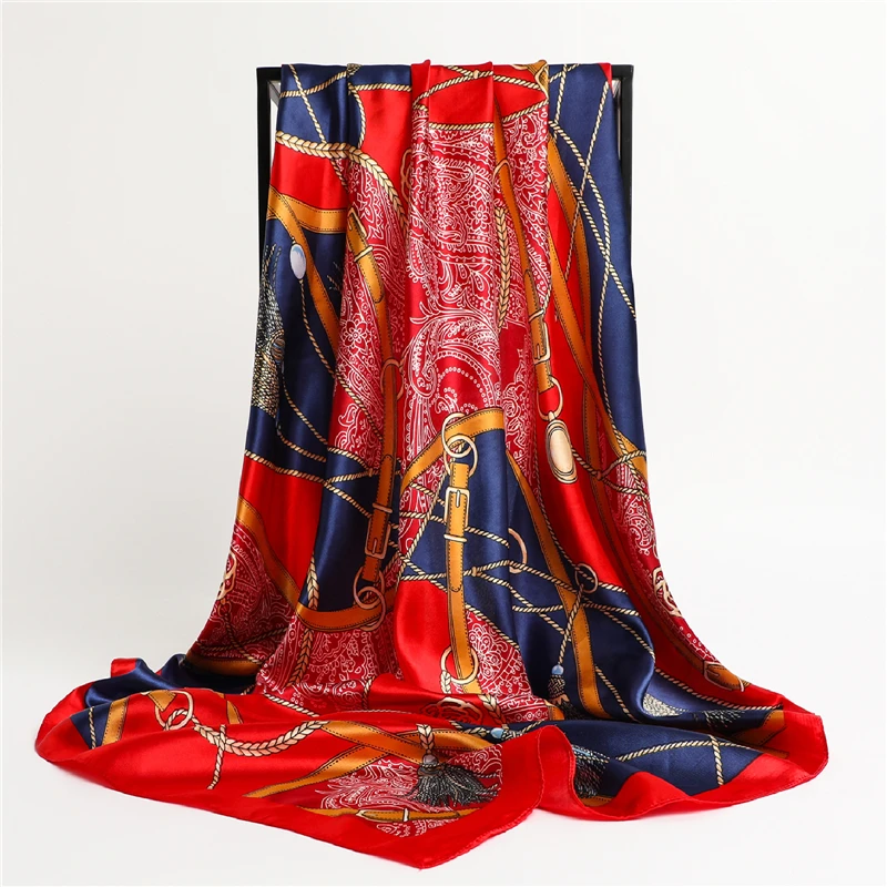 

Женский квадратный шарф с цепочкой 90 см * 90 см, повязка на голову, женские шарфы с принтом, дизайнерский Шелковый атласный платок, шаль, хиджа...