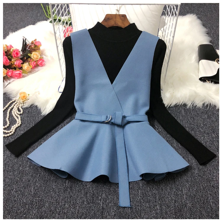 ALPHALMODA осень НОВАЯ Трикотажная нижняя рубашка+ жилет модный костюм из двух частей женский жилет с v-образным вырезом и поясом+ свитер с длинными рукавами