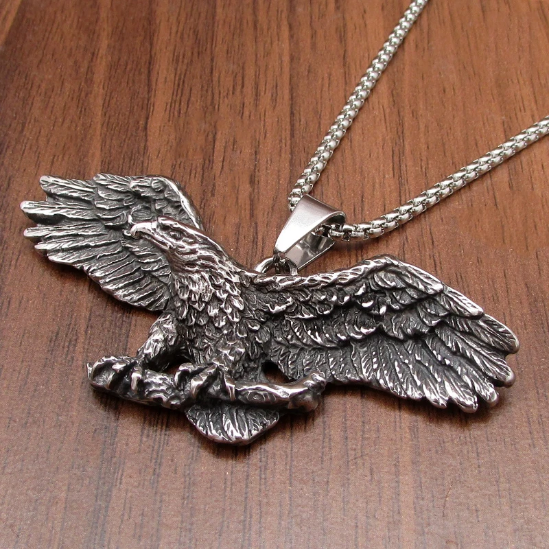 

Free Shipping Punk 316L Stainless Steel Silver Color Black Eagle Hawk Pendant Animal Biker Jewelry
