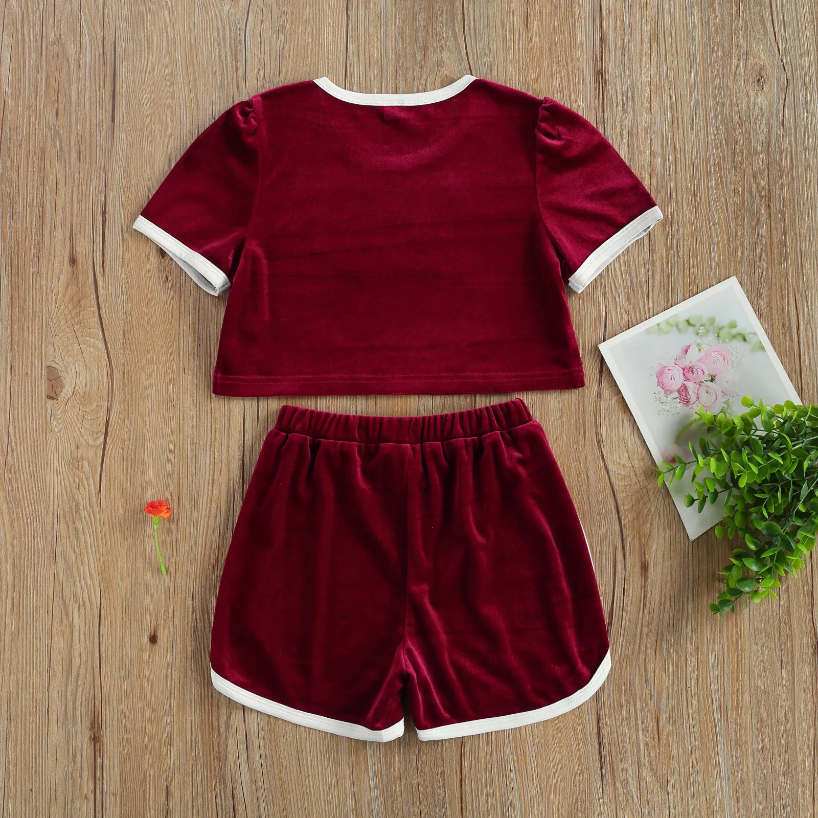 

2021 New Summer 6-11Y Baby Girl 2Pcs Set BABY Letter Embroidery Red Velvet Short Sleeve Crop Top+Shorts Children Clothes Outfit