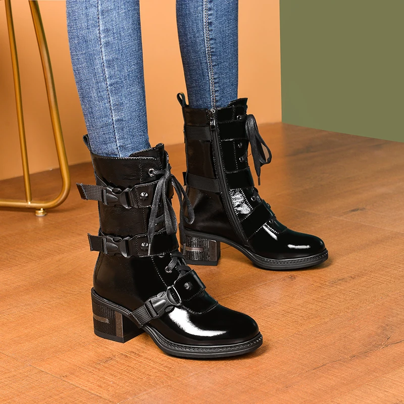 

MoonMeek 2020 New arrive solid black ankle boots winter keep warm buckle ladies shoes round toe high heels women boots
