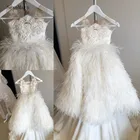 Платье с цветочным узором для девочек на свадьбу, вырез горловины, перья, пышное платье из тюля с аппликацией, детское платье для причастия