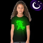 Светящаяся футболка для девочек с принтом единорога и скелета, модная детская Серебристое свечение с короткими рукавами для девочек на Хэллоуин, темные футболки