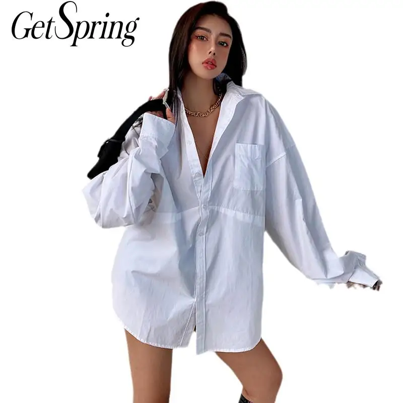 

GetSpring женская блузка темпераментная белая рубашка с длинным рукавом однобортная женская рубашка свободные длинные весенние Осенние Топы ...