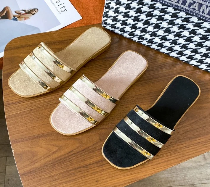 

Summer Women Slippers Striped Bling Colorblock Open Toe Reflective Detail Flat Sandals Outdoor Beach Slides Ladies Shoes Female