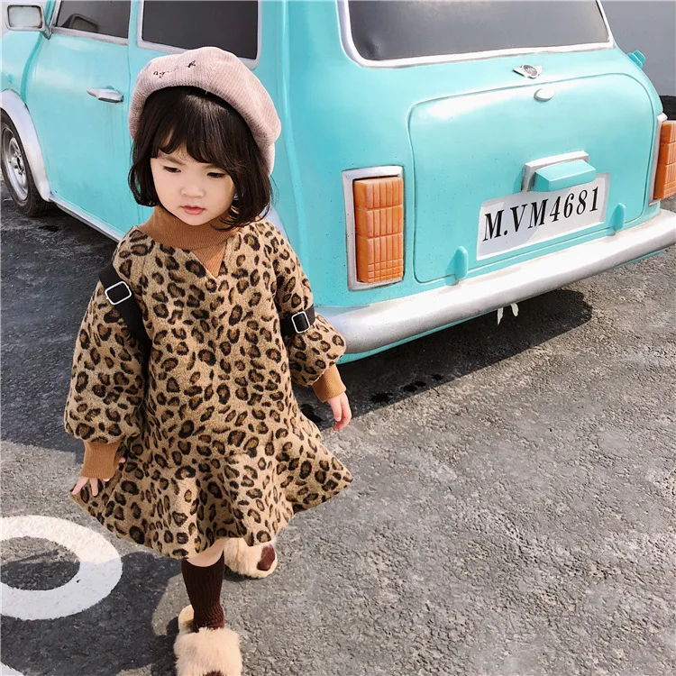 Winter Korean style fashion girls Leopard grain woolen mermaid dresses 1-6 years kids baby thicken long sleeve warm dress | Детская