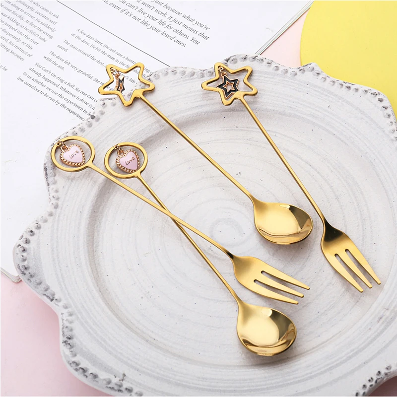 

BalleenShiny Creative Stainless Steel Spoon Heart Shape Pendant Spoon Star Pendant Fork Coffee Stirring Fruit Ice Cream Spoon