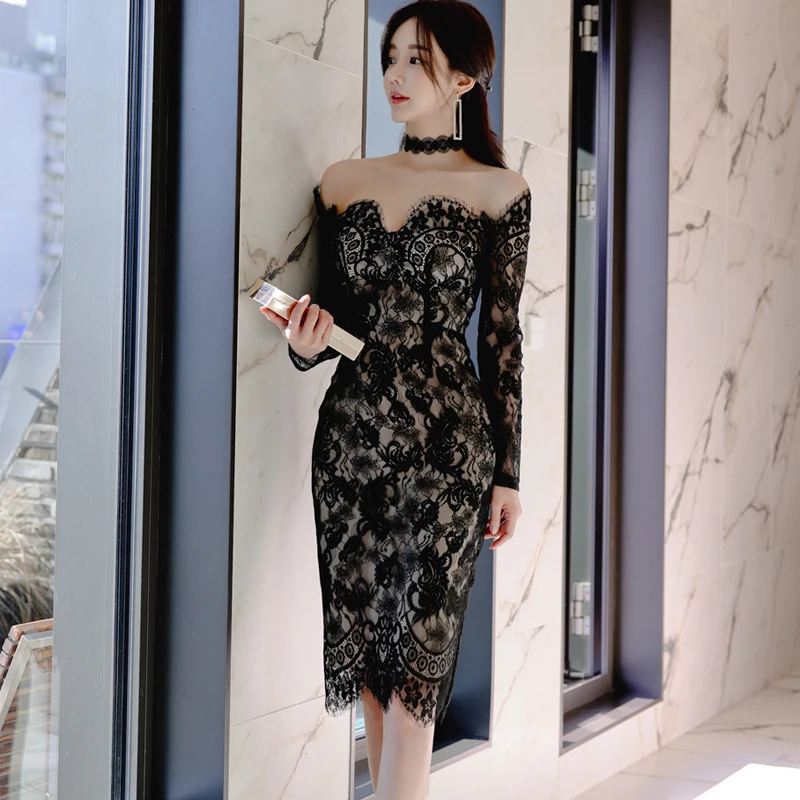 

Party Dresses Women's Lace Dress Spring Autumn Slash Neck Long Sleeve Sexy Pencil Dress Bodycon Dress Wedding Evening Dress