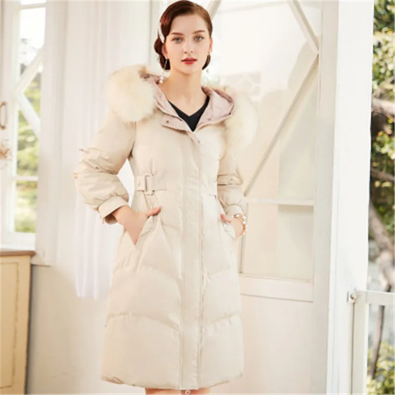 Down Jacket Women's Long Section 2020 New Winter Down Slim Body Hair Collar Waist Large Size White Duck Down Ladies Coat 886