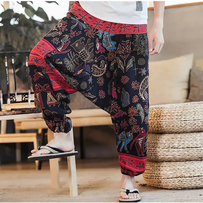 2020 Men Harem Pants Print Retro Drop Crotch Joggers Cotton Linen Trousers Men Baggy Loose Nepal Style Men Casual Pants