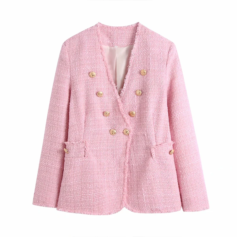 

Za Women 2021 Fashion Tweed Blazer Coat Gold Double Breasted Long Sleeve Female Outerwear Chic Tops BB1577