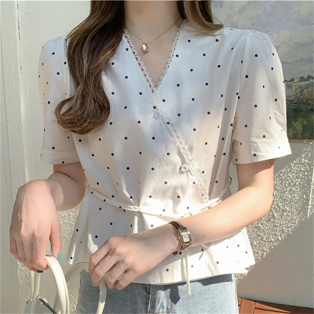 

HziriP Hot Sweet V-Neck Polka Dots Lace-Up Slim 2021 Lace Lady Summer Women Stylish Streetwear Femme Girl Loose All Match Shirts