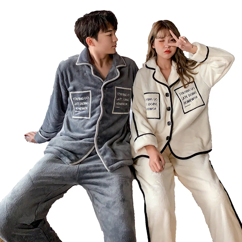 New Flannel Couple Pajamas for Women and Men Thickened Plus Velvet Coral Fleece Homewear Clothes Sleepwear Pajamas Set пижама