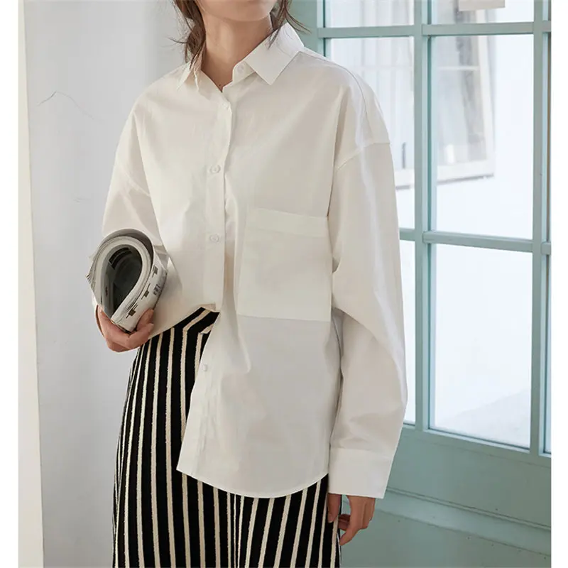 Женская офисная блузка HziriP белая однотонная универсальная свободная хлопковая с