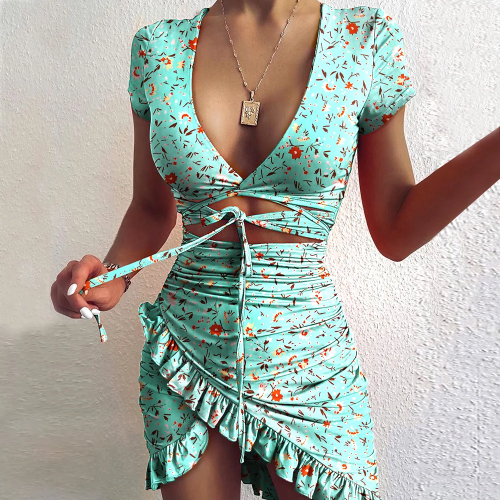 

Новинка 2020, женское платье с оборками, с вырезом, леопардовым принтом, женские платья, элегантное модное платье на бретелях с цветочным прин...