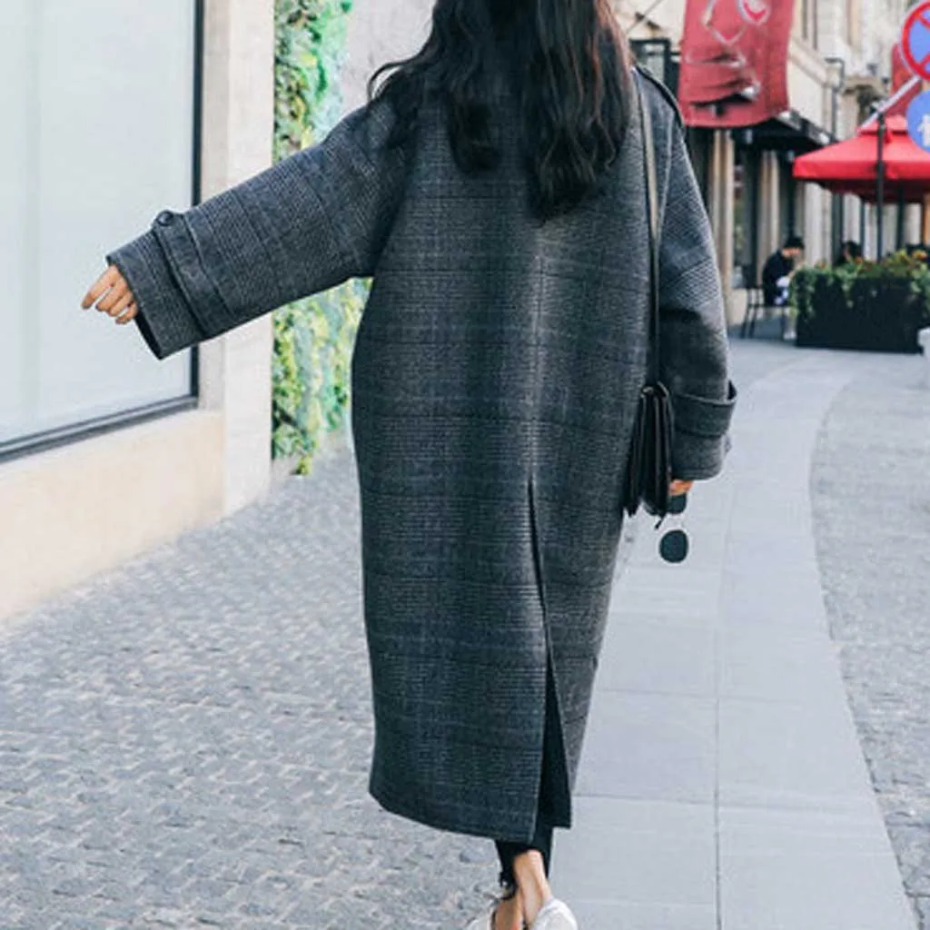 

NONE Women Clothing Autumn Winter Long Fashion Polyester Women Coat Daily Full Plaid Button lapel Neck Woolen Ladies outerwear