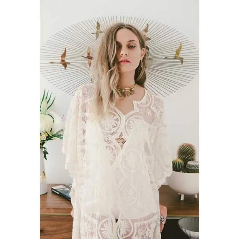 Богемный Вдохновленный кружева Кафтан Макси пляжное платье сетка вышивка