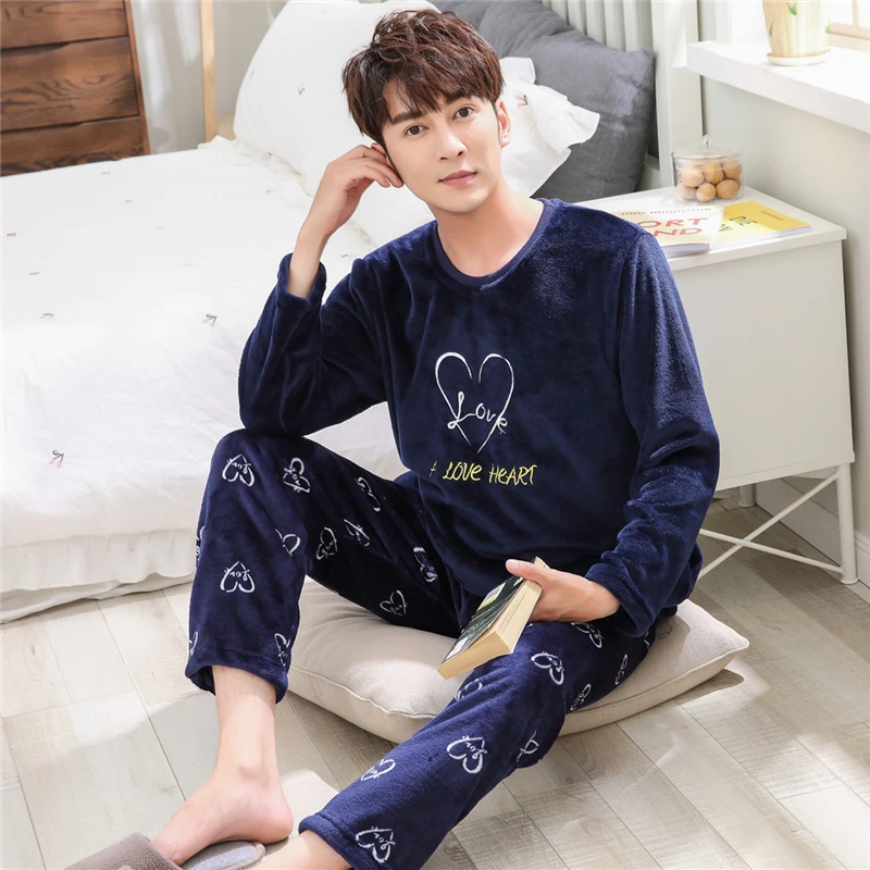 

Winter Men Long Sleeve Flannel Pajamas Set O Neck Letter Love Print Pajama Thick Coral Velvet Sleep Wear Male Warm Pyjamas Set