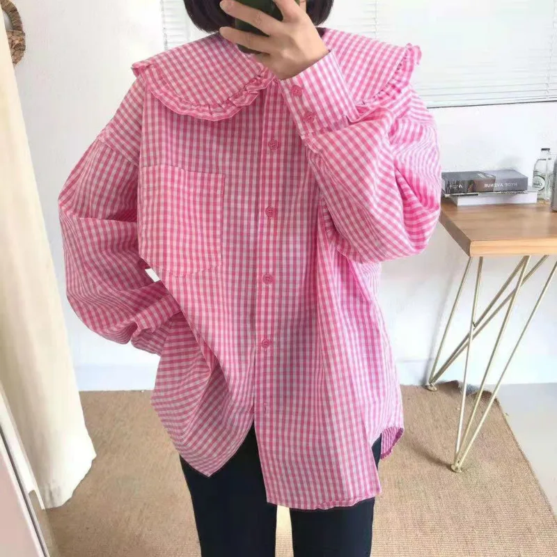 

2021 Spring Plaid Blouse Causal Peter Pan Collar Long Sleeve Korean Women Shirt New Blusas Feminimos Top Mujer