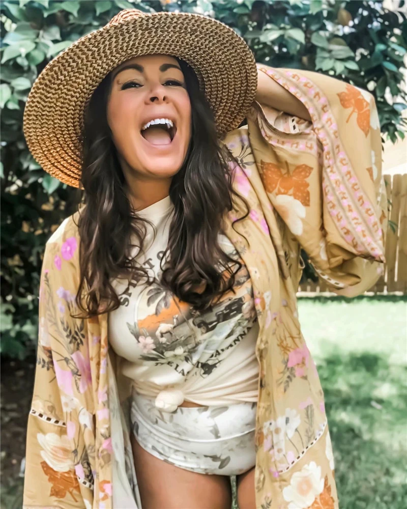 Boho королев для женщин с цветочным принтом и поясом рукавом летучая мышь пляжные