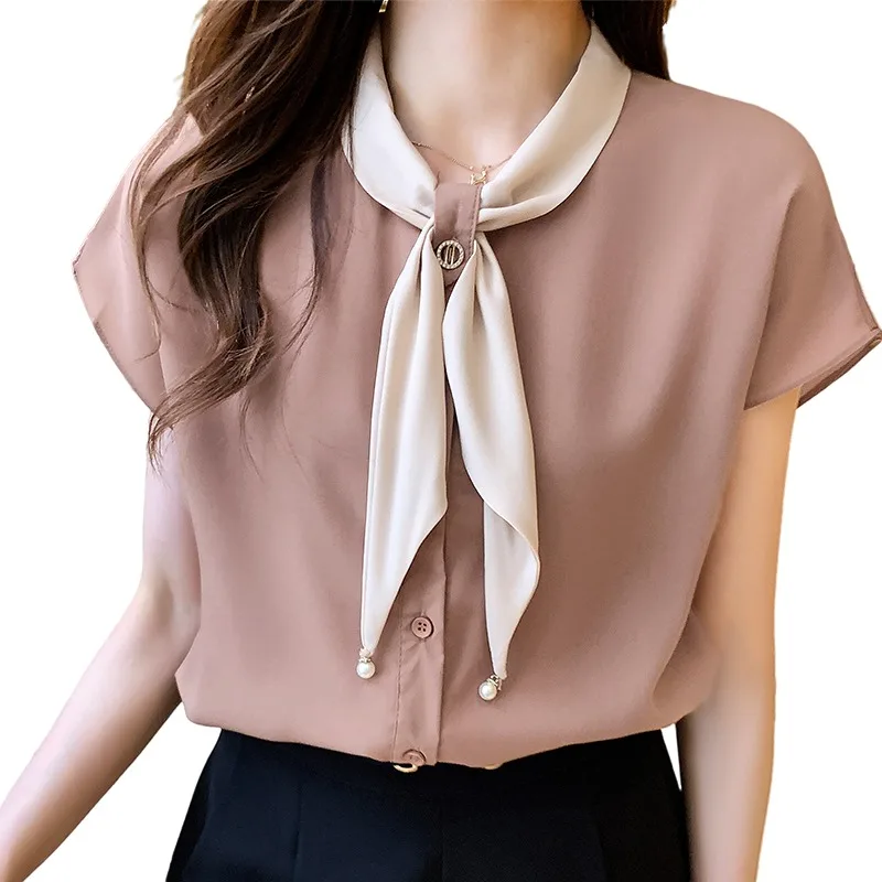 

Chiffon Women Blouse 2021 Summer New Fashion Korean Solid Tops Office Short Sleeve Women Shirts with Tie Loose Female Clothing