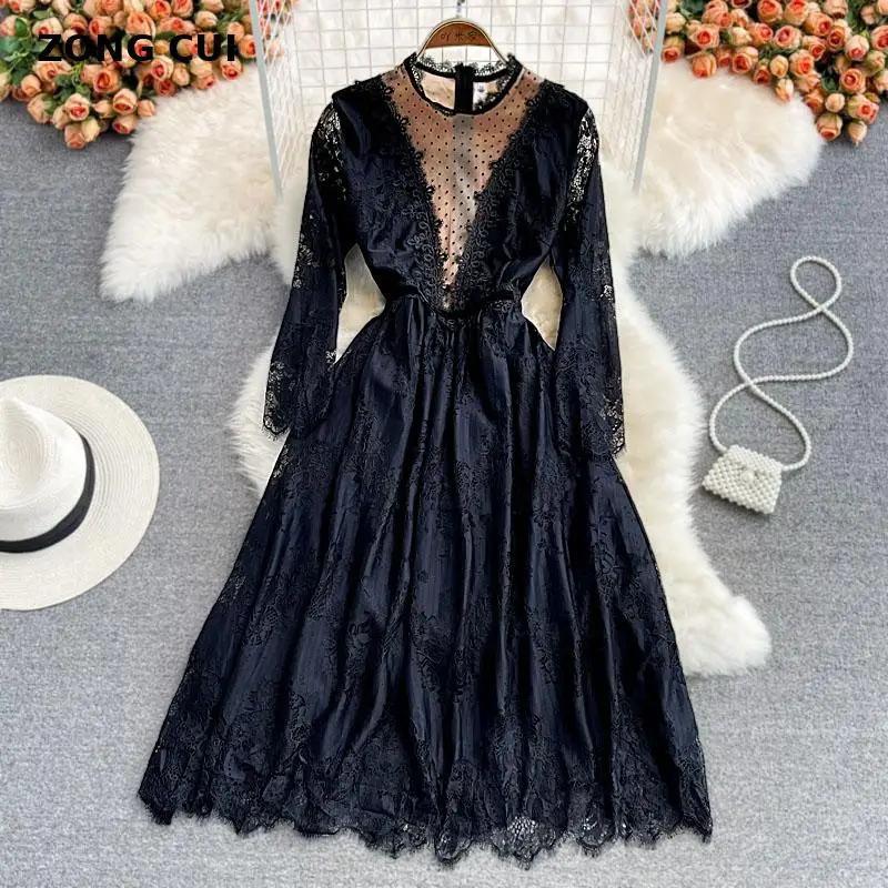

Женское кружевное платье-трапеция, черное элегантное длинное платье с круглым вырезом и длинным рукавом, роскошное ажурное платье с высоко...