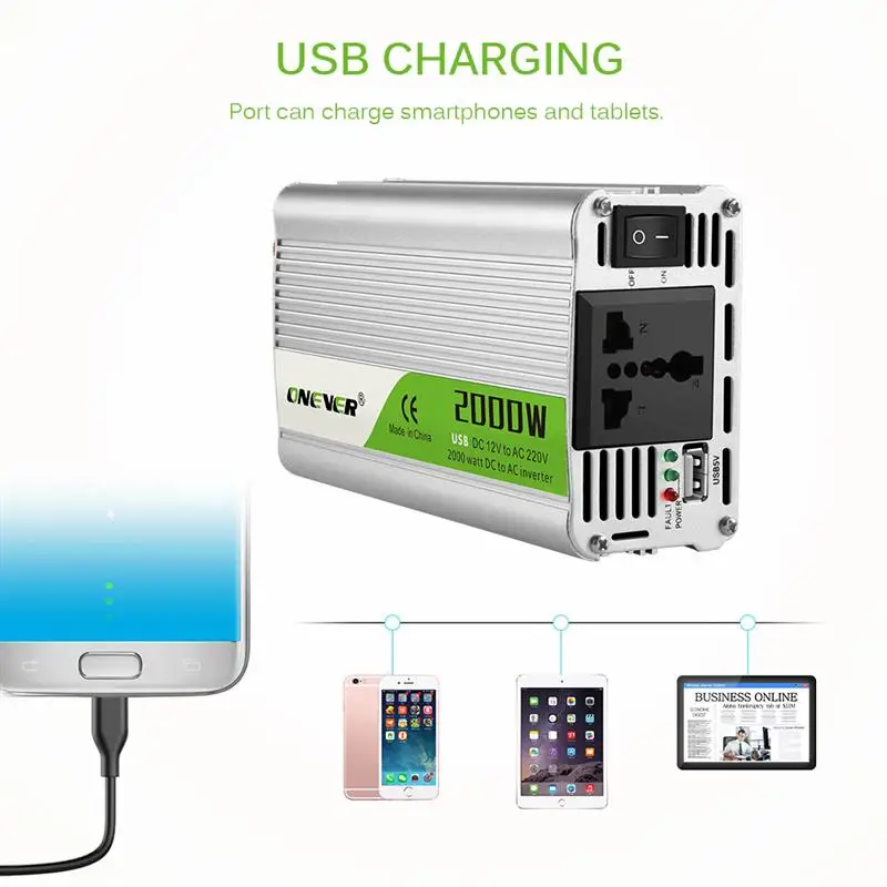 2000W USB Charge Watt DC 12V To AC 220V Portable Car Power Inverter Charger Converter Adapter 12 220 Buzzer Alarm | Автомобили и