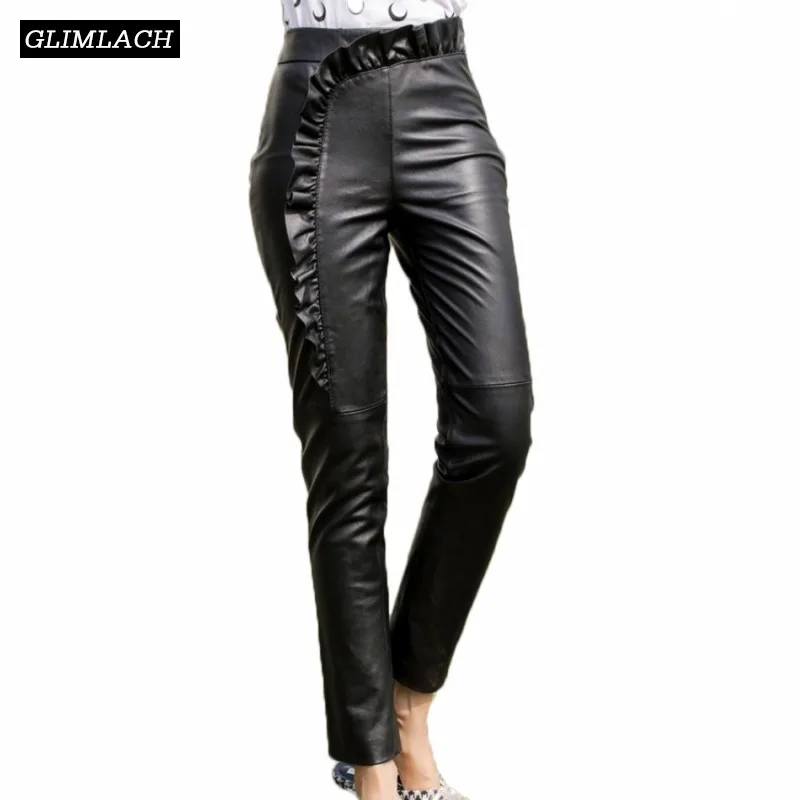 

Women Genuine Leather Pants Ruffles Harajuku Sheepskin Real Leather Trousers New Slim High Waist Ankle-Length Lady Pencil Pants