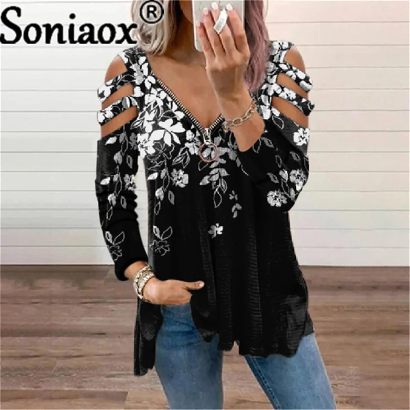 

2021 Autumn Sexy V-Neck Zipper Flowers Printing Hollow Out Long Sleeve Shirt Women Casual Loose Ladies T-Shirt Tops