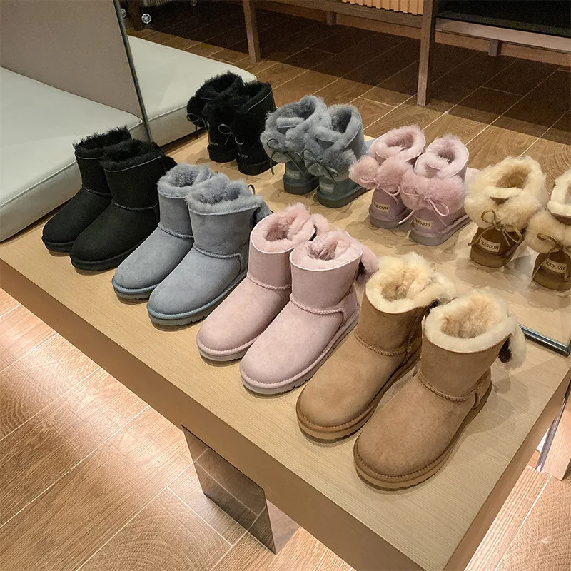 

Women Winter Snow Boots Sheep Leater and Sheep Fur Booties with Two Bows Female Ski Warm Waterproof Boots