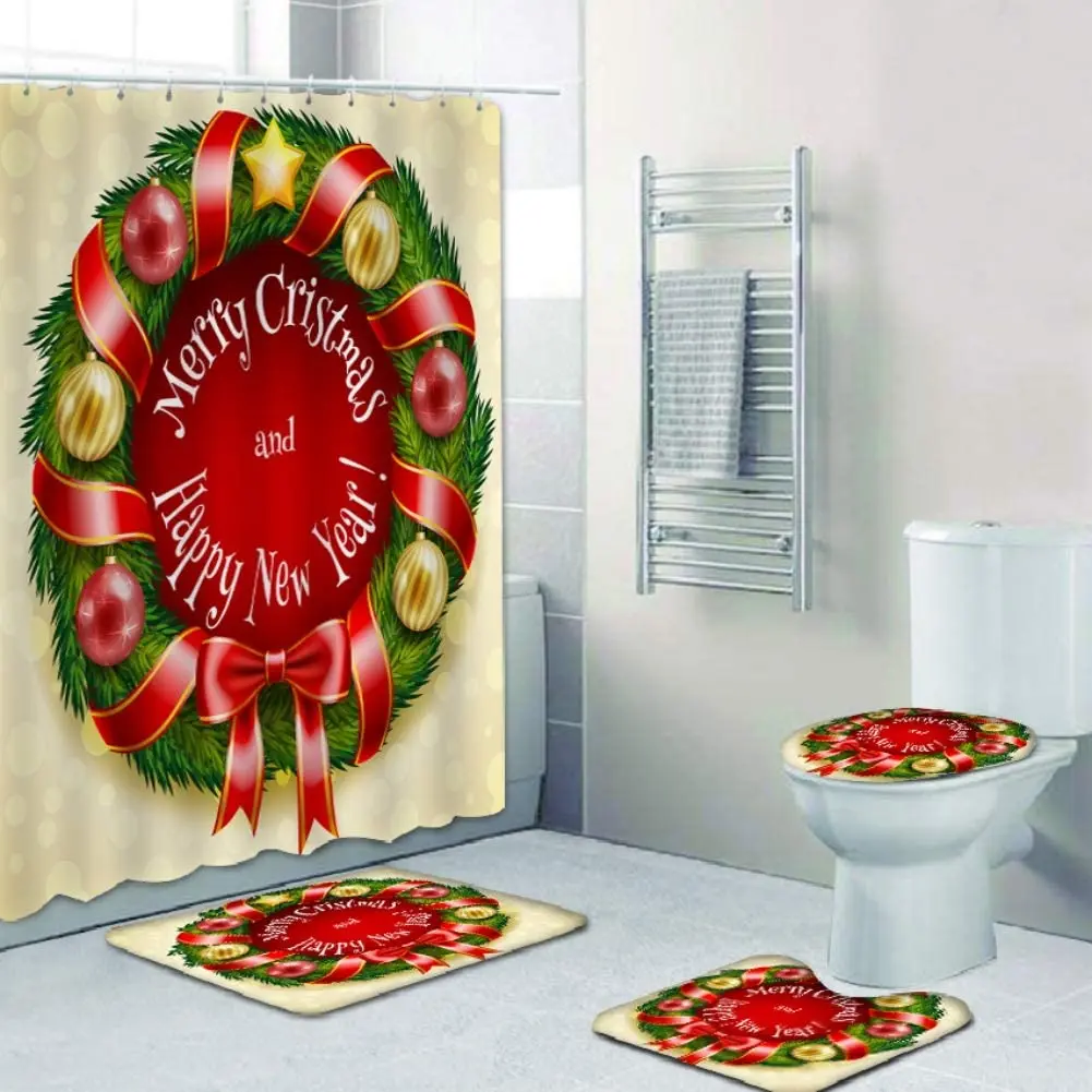 

Merry Christmas Shower Curtain Sets Rug Toilet Lid Cover and Bath Mat Santa Claus Shower Curtain Bathroom Sets Decorations