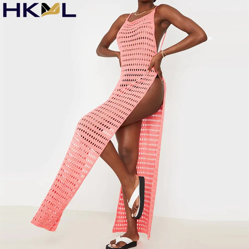 

Women Dress Knitted Hollow Sexy Beach Bikini Cover Up Swimwear Maxi Tank Robes Swimsuit Summer 2021