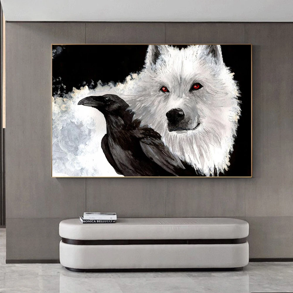 

Fashion Watercolor Painting Animal Black Crow White Wolf Posters Wall Art Print Canvas Painting Living Room Bedroom Home Decor