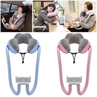 travel pillow with mobile phone holder lazy u shape neck support pillow with flexible 360 degree rotating mobile holde