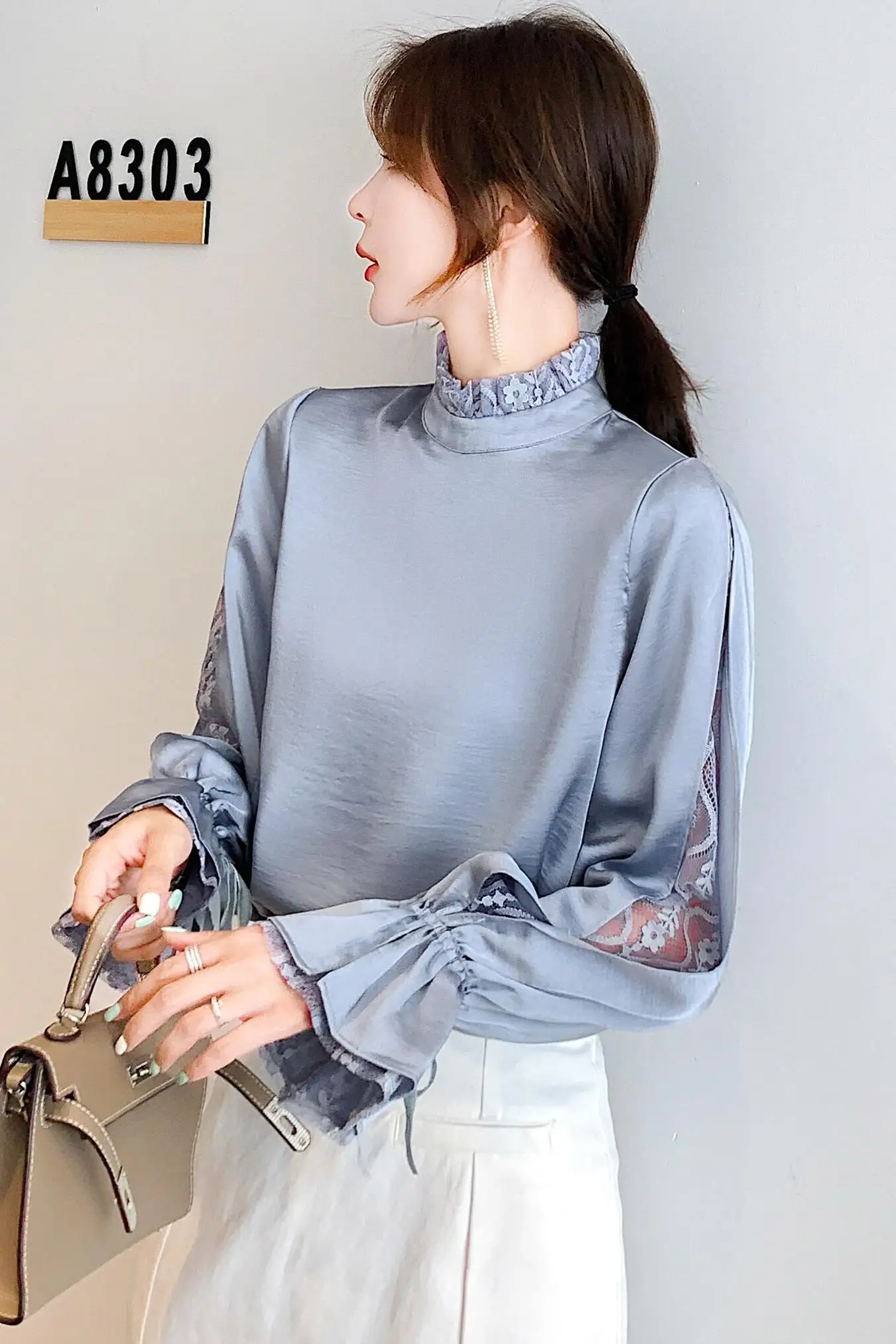 

COIGARSAM Casual Ruffles blouse women Spring Patchwork Lace Full Sleeve Chiffon blusas womens tops and blouses 6013