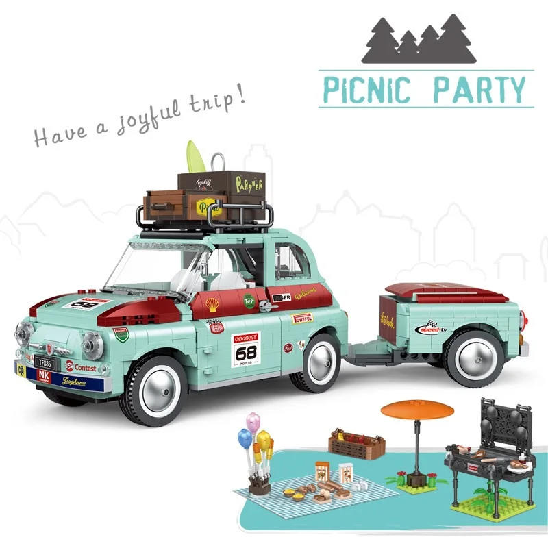 Moc Creative Ideal Tourist Picnic Car Trailer Tractor Diy Building Block Set Transport Children's Educational Bricks Toys Gifts | Игрушки