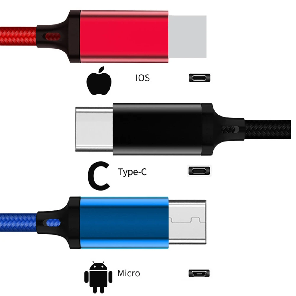 3 in1 3A Charging Cable IOS Micro USB Type C Usbc Mobile Phone Charge Wire For iphone Huawei Xiaomi Samsung Oppo all Devices