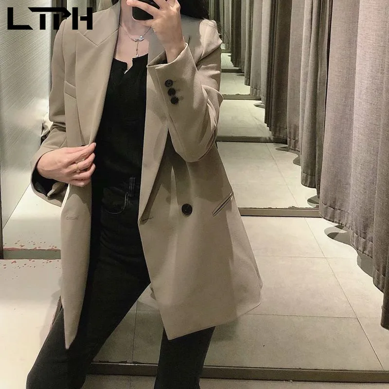 LTPH-Chaqueta informal de negocios para mujer, blazer elegante vintage con doble botonadura, de longitud media, color sólido, primavera 2021