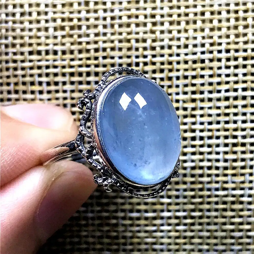 15x12mm Top Natural Ocean Blue Aquamarine Ring Silver Sterling Jewelry For Woman Man Crystal Beads Stone Adjustable AAAAA | Украшения и