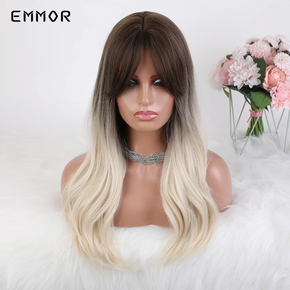 

Emmor Long Loose Wave Synthetic Black Root ombre Platinum Wigs with Bangs Wavy Heat Resistant Hair Cosplay Daily Wig for Women