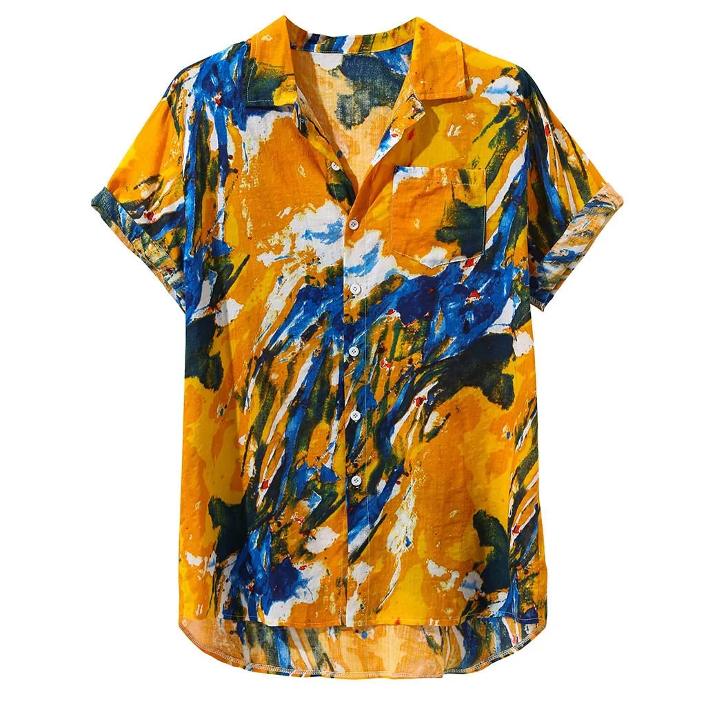 

Fashion Mens Novelty Luxury Brand Square Pliaid Printed Hawaiian Loose Short Sleeve Casual Buttons T Shirt