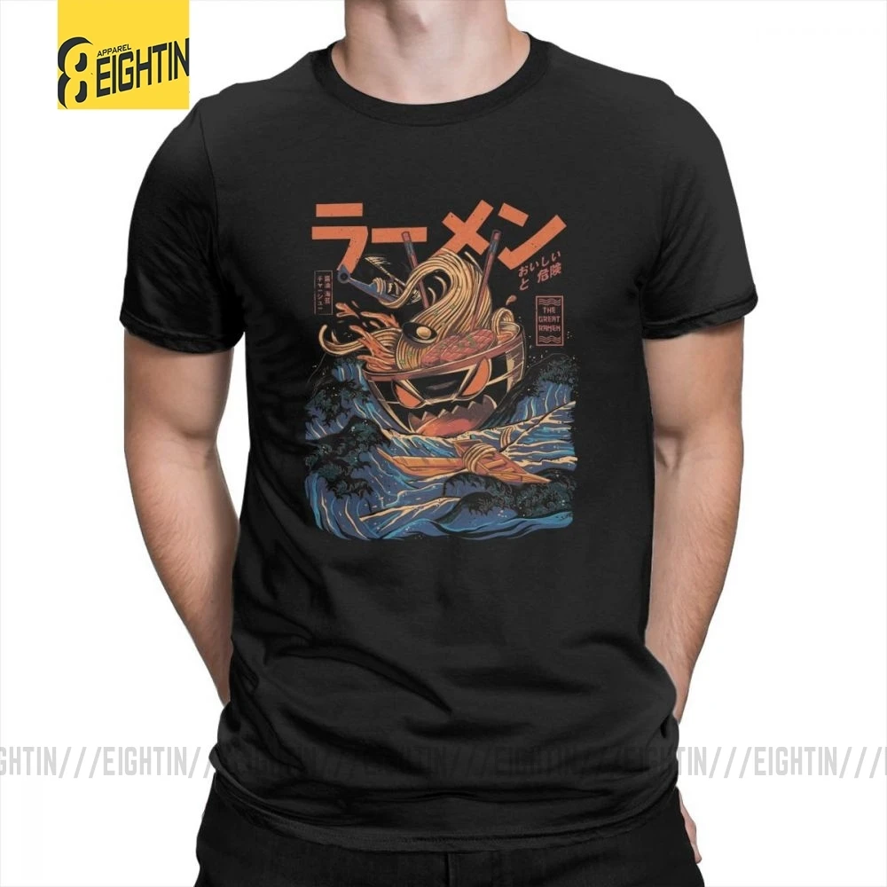 Мужские футболки в японском стиле Харадзюку с круглым вырезом и надписью "Great Ramen Off Kanagawa Noodle" из чистого хлопка, футболки с короткими рукавами, большие размеры