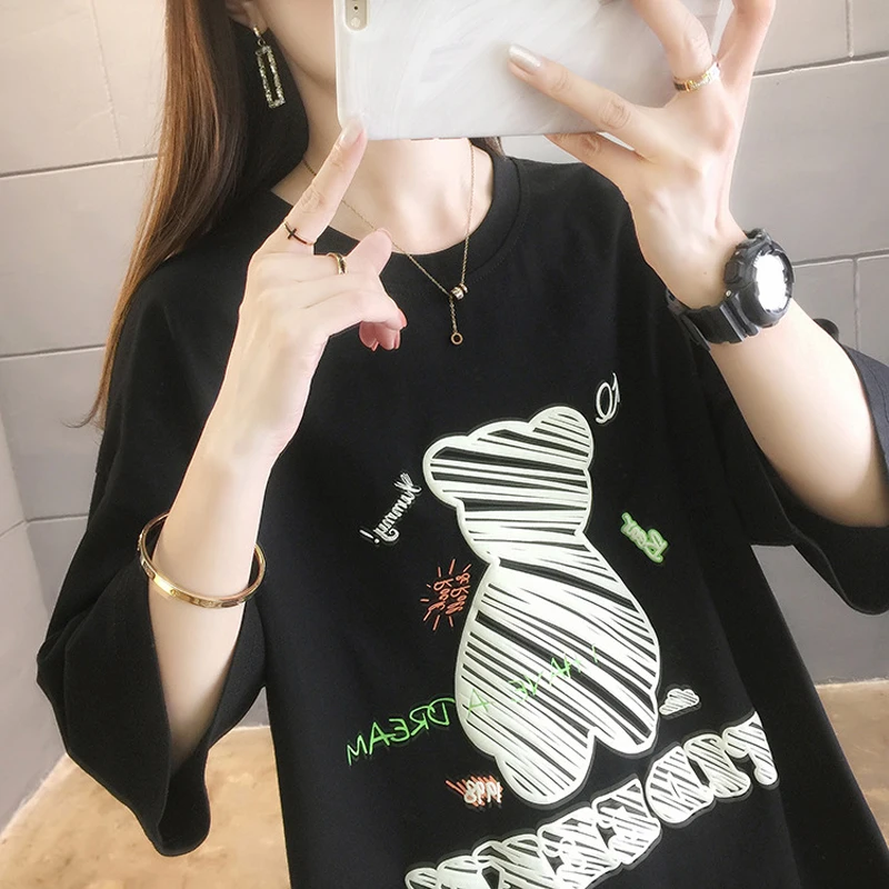 

HLM 2021 New Harajuku T-Shirt Kawaii Cartoons Bear Loose Female High Quality T Shirt Print Casual Ulzzang Short-Sleeved Tee Top