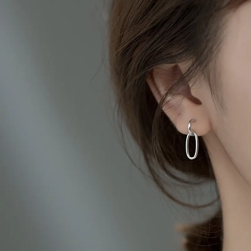 

A00354 Korean Genuine 925 Sterling Silver Minimalist Geometric Oval Interlocking Stud Earrings for Women Office Jewelry