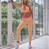patchwork sport sets 2 pcs sportswear women gym sets female elastic fitness sport suit padded sport bra high waist leggings new