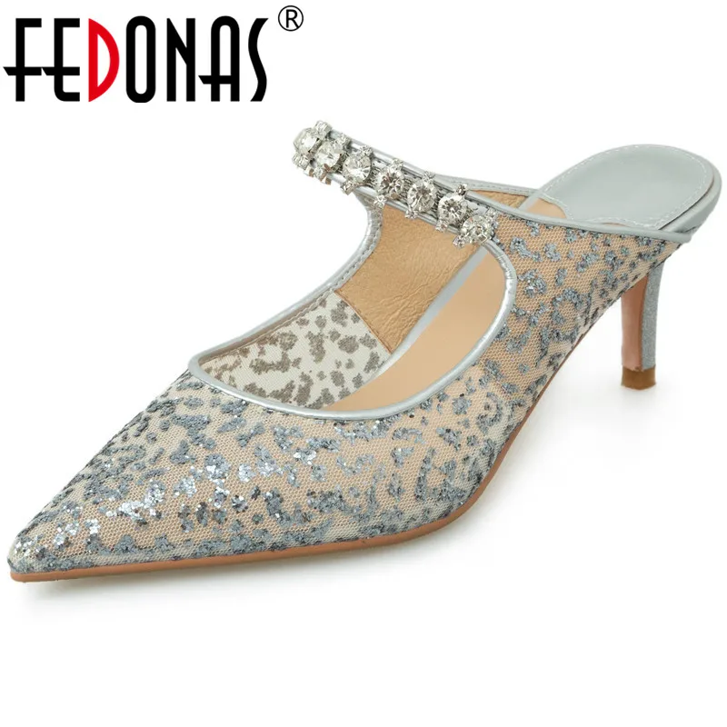 

FEDONAS Pointed Toe Shoes Woman Genuine Leather Pointed Toe Rhinestone High Heels Sandals For Women Summer Prom Women Shoes